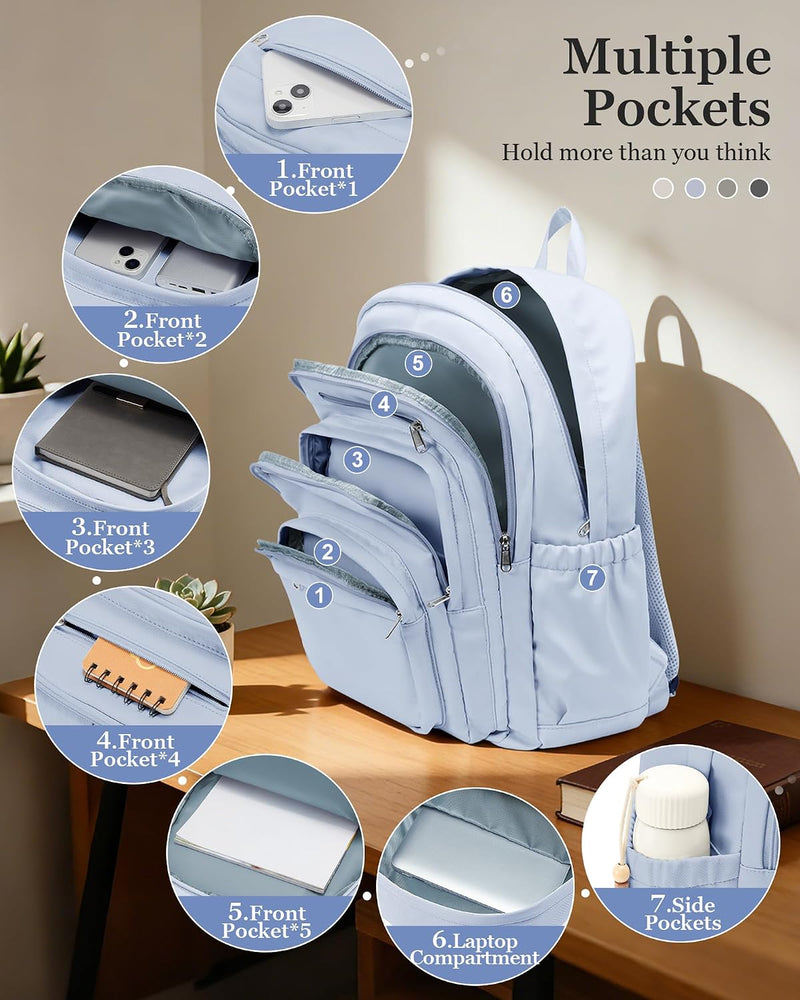 WEPOET Backpack Women Men School Backpack Large with Many Compartments Waterproof Backpack Lightweight for School Backpack Teenager Daypacks Backpack for Boys Girls, A4 blue, Rucksack Backpacks