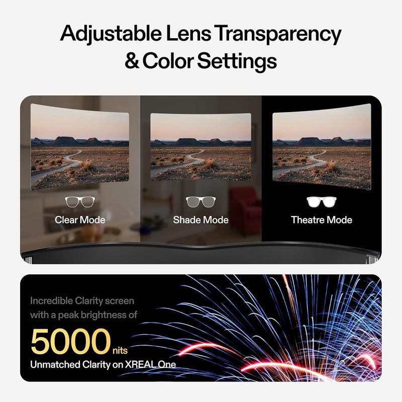 XREAL One AR Glasses with X1 Chip, Native 3 DoF, 147" 50FOV 120Hz HD Display, Renowned Audio, 3 Adjustable Lens Transparency, Compatible with iPhone 16/15, Steam Deck, ROG, Mac, PC, Android & iOS