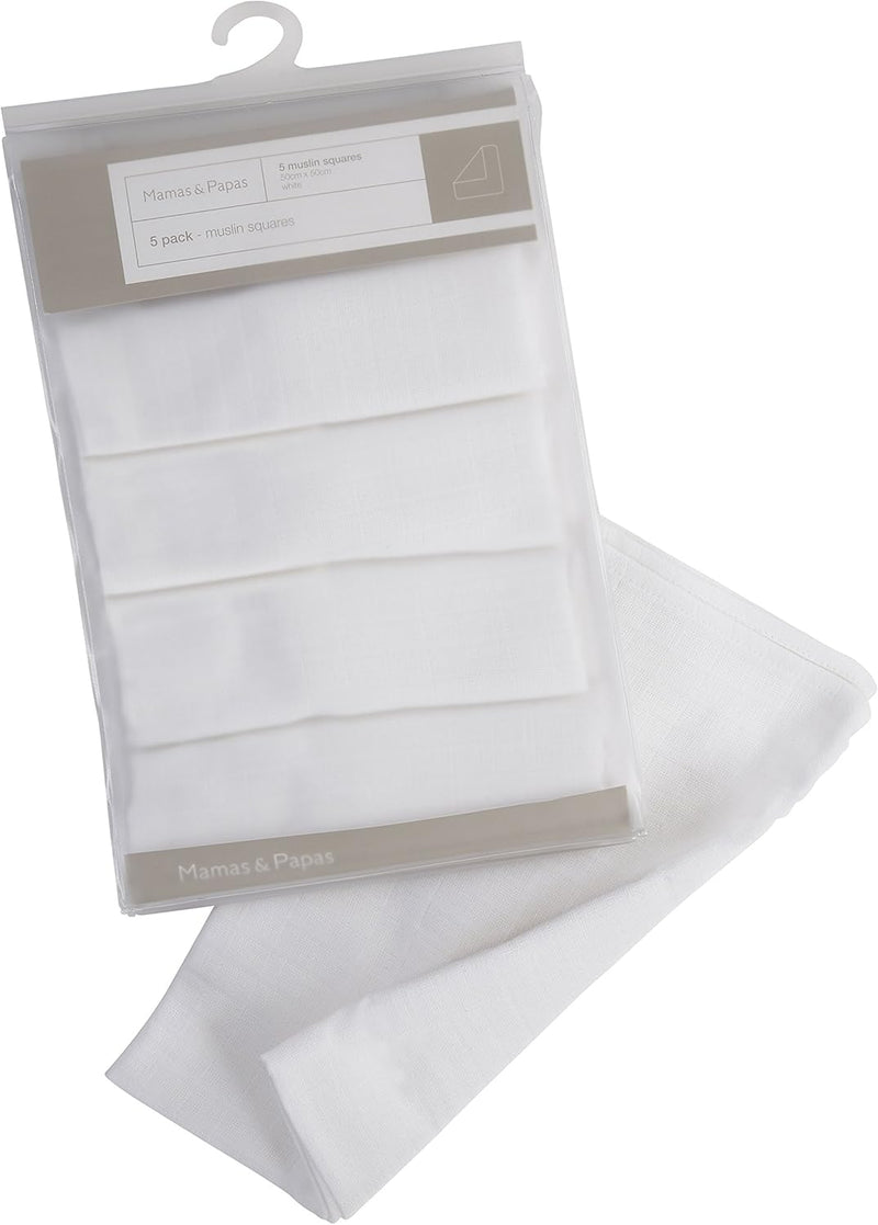 Mamas & Papas Muslin Squares, White, Pack of 5, Nursing Accessory