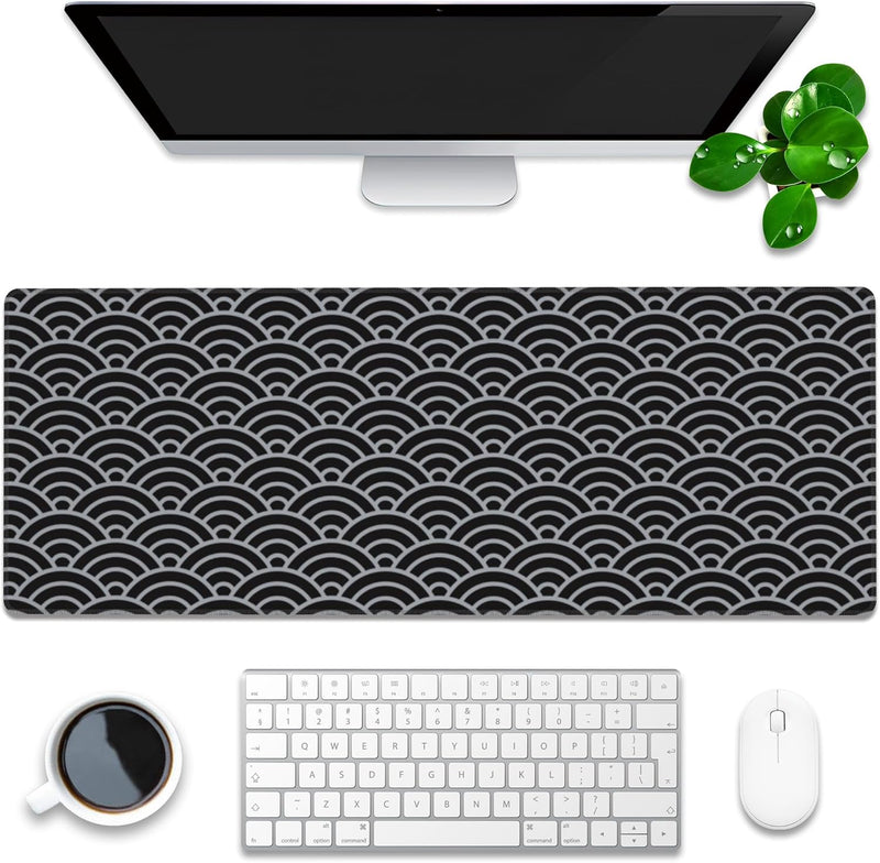 Desk Pad, Green Honeycomb Science Technology Extended Gaming Mouse Pad Large, 35.4"x15.7" Big Mouse Pad with Non-Slip Base and Stitched Edge, Long Computer Keyboard Mouse Mat for Home Office Work - 31.5"x11.8" Silver Black Waves