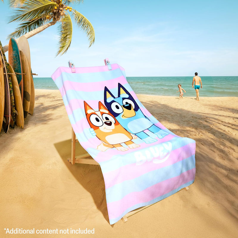 Bluey Towels for Kids with 2 Pegs Clips Beach Towel Soft Absorbent Bath Shower Swimming Towel 100% Cotton Quick Dry Holiday Essentials 140x70cm