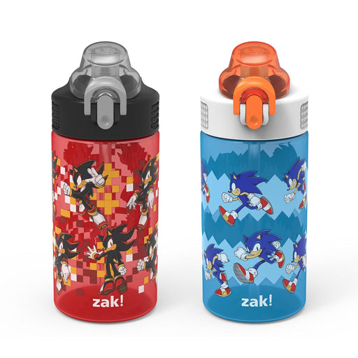 Zak Designs Sonic the Hedgehog Sage Kids Water Bottle For School or Travel, 16oz Durable Plastic Water Bottle With Straw, Handle, and Leak-Proof, Pop-Up Spout Cover, 2-Pack Set (Sonic & Shadow)