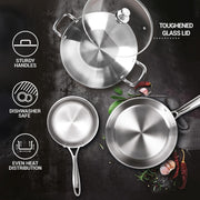 MILTON Pro cook Procook Triply Induction Base Cookware Set of 3 Stainless Steel Sauce Pan 14 cm, Fry Pan 24 cm, Kadhai 24 cm with Glass Lid 24 cm, Silver Dishwasher Safe Food Safe Flame Safe
