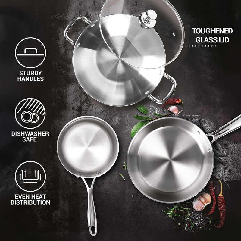 MILTON Pro cook Procook Triply Induction Base Cookware Set of 3 Stainless Steel Sauce Pan 14 cm, Fry Pan 24 cm, Kadhai 24 cm with Glass Lid 24 cm, Silver Dishwasher Safe Food Safe Flame Safe