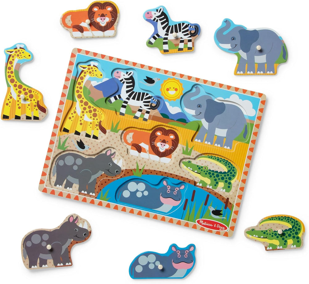 Melissa & Doug Farm Peg Puzzle 8-Piece Wooden Peg Puzzle Featuring Farm Animals with Pictures Beneath, Easy-Grasp Pegs, Promotes Fine Motor Skills & Problem Solving for Kids Ages 2+