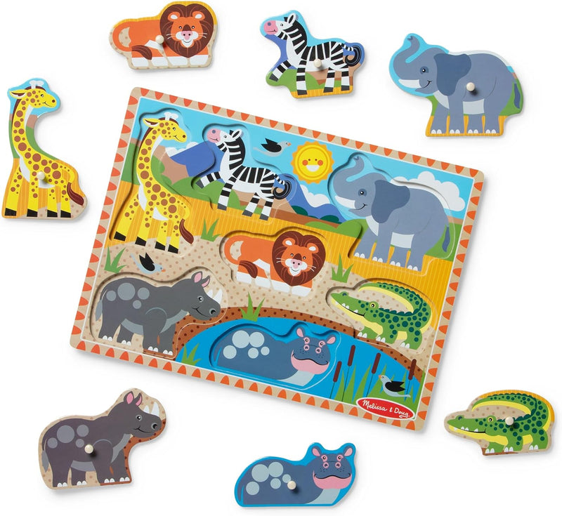 Melissa & Doug Farm Peg Puzzle 8-Piece Wooden Peg Puzzle Featuring Farm Animals with Pictures Beneath, Easy-Grasp Pegs, Promotes Fine Motor Skills & Problem Solving for Kids Ages 2+ - 1 EA Safari