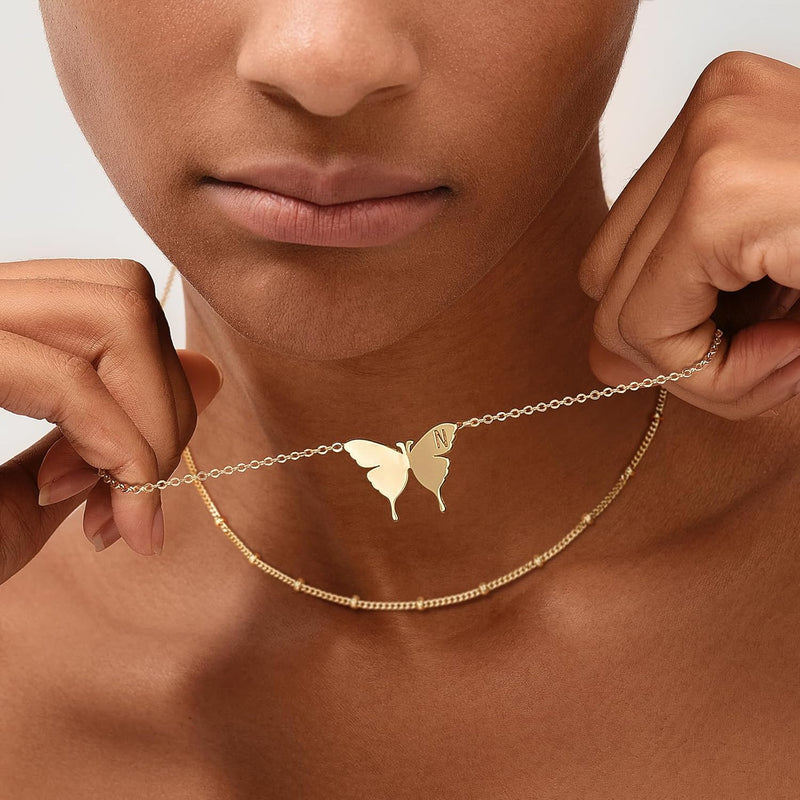 MEVECCO Gold Dainty Initial Necklace 18K Gold Plated Butterfly Pendant Name Necklaces Delicate Everyday Necklace for Women Minimalist Personalized Jewelry Christmas Gift - H