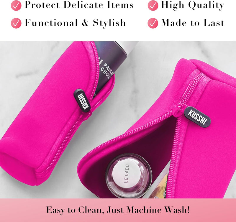 KUSSHI Glass Bottle Protector for Travel - Neoprene Small Pouches for Purse with Zipper - Holds Foundations, Serums, Perfumes & Delicate Bottles - Small Purse Pouch & Mini Makeup Pouch (Size S, Pink)