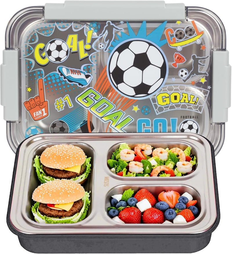 Stainless Steel Bento Lunch Box for Kids, 710ml/23.5oz BPA-Free Leak-Proof Food Containers with 3 Compartments, Back to School Students Daycare Lunches Snack Container Size for Ages 4-8 - Football