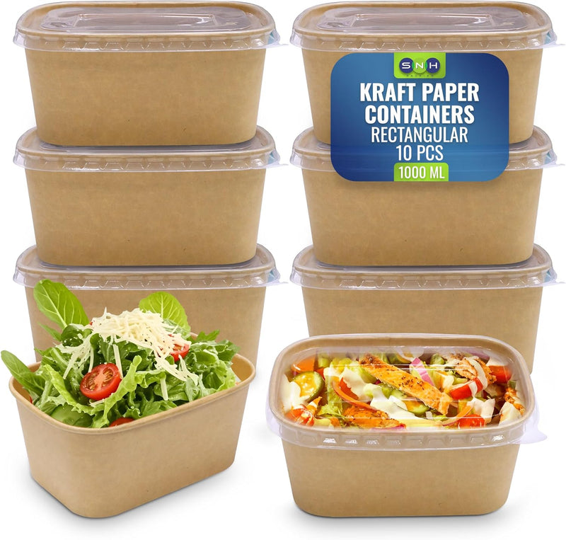 Disposable 25-Pack Kraft Paper Containers 500 ml with Lid, Rectangular Disposable Bowls, Sturdy Food Salad Containers, Eco-Friendly Takeaway Lunch Boxes, Microwave Safe, Heavy Duty Meal Prep Box - Brown (Pack 10) 1000 ml