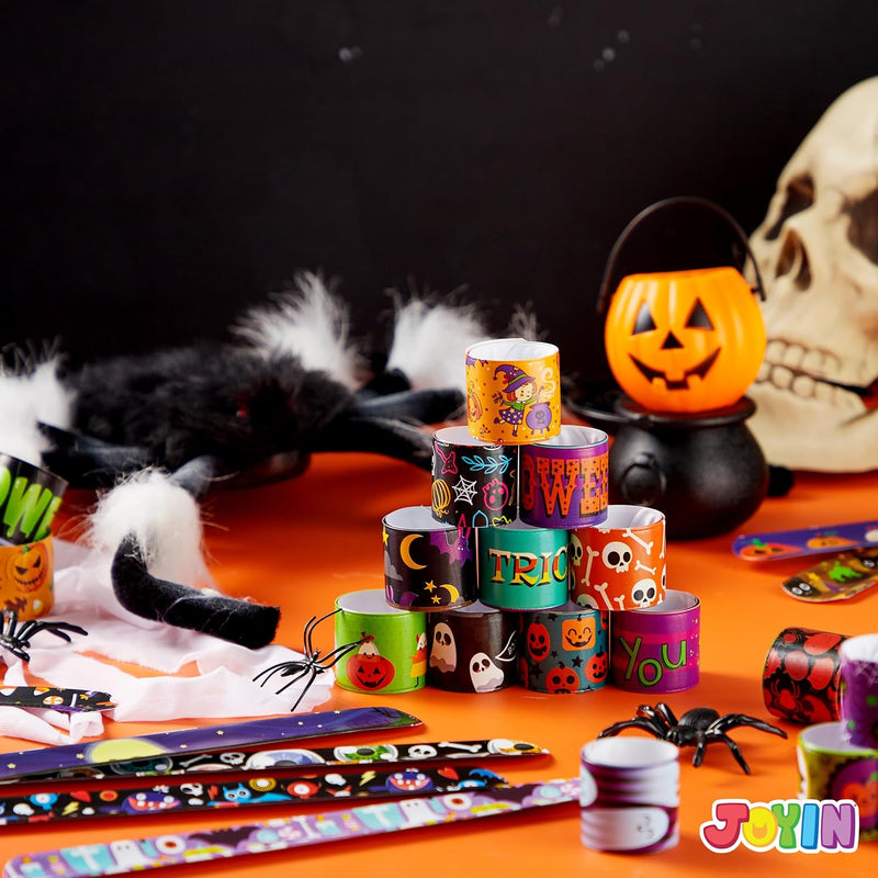 JOYIN Halloween Slap Bracelets Party Favors for Kids - 100 Pcs Friendship Bracelets Halloween Party Supplies and Decorations Snap Bracelets with Halloween Classies Pattern