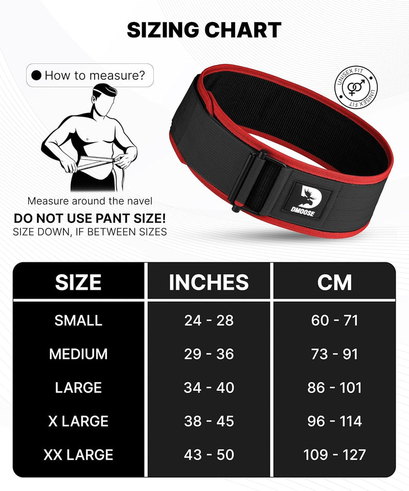 DMoose Fitness Weight Lifting Belt - Auto Locking 4" Nylon Gym Belt with Adjustable Buckle - Provides Lumbar Support & Stability for Olympic Training, WOD & Cross Training for Men & Women