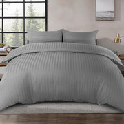 100% Cotton Luxury Hotel Quality Sateen Duvet Cover Set, 2cm Satin Stripe, Hidden Button Closure, Ultra-Soft Sateen Weave, Breathable & Hypoallergenic (White, Queen 240x220cm) - Gray Full/Double 210x210cm