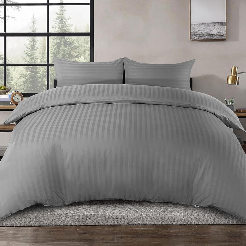 100% Cotton Luxury Hotel Quality Sateen Duvet Cover Set, 2cm Satin Stripe, Hidden Button Closure, Ultra-Soft Sateen Weave, Breathable & Hypoallergenic (White, Queen 240x220cm) - Gray Full/Double 210x210cm