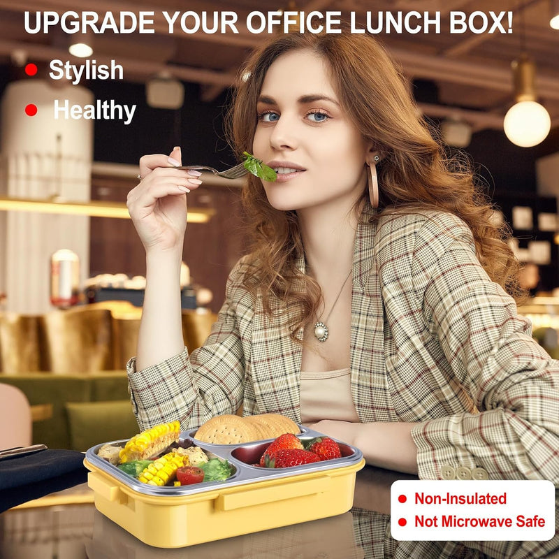 BIGTHREE Stainless Steel Lunch Box for Kids & Adults, Bento Lunch Box, 800-1000ml, 3 Compartment Metal Lunch Container, One-Touch Latch, Leakproof Food Container