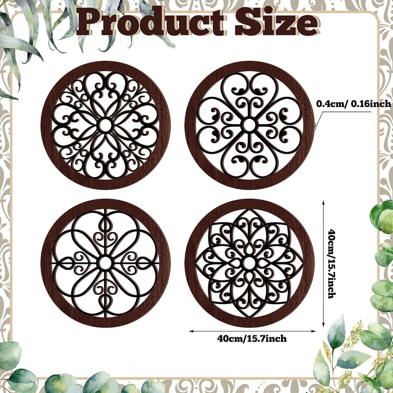 Yulejo 4 Pcs Thicken Rustic Wall Decor Farmhouse Wall Art Wooden Hollow Carved Design Decor Rustic Round Wall Art for Living Room Bedroom Hallway Decor Kitchen Wall (Black, Brown,9.8 x 9.8 Inch)