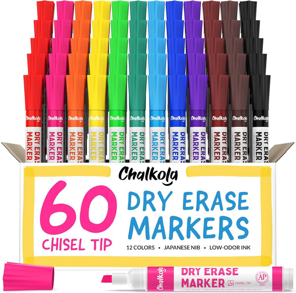 15 Dry Erase Markers Fine Tip - White Board Markers, 12 Colors Thin Point Dry Erase Pens - Non toxic, Low Odor Whiteboard Markers for Kids, Teachers, Office, School, Classroom Supplies - 60 Chisel Tip