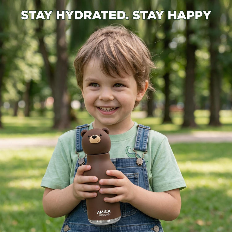 Kids Water Bottle 460ml Insulated Stainless Steel - AMICA STUDIO (Bruno Bear)