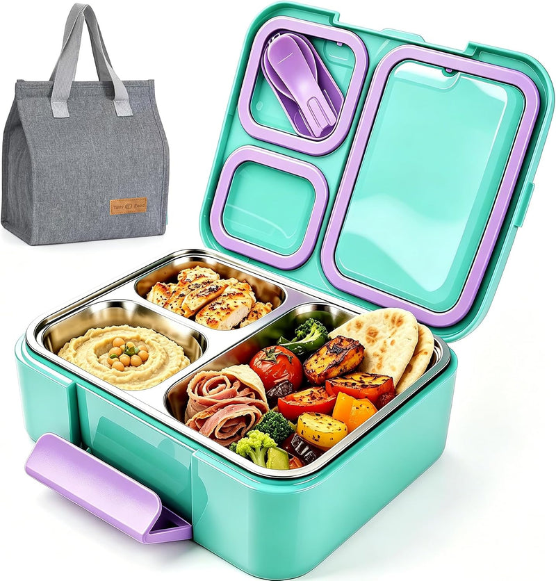 Stainless Steel Bento Lunch Box for Kids,Microwave-Safe 3-Compartment Leakproof Snack Container with Lunch Bag for Boys,Girls, 304 Tiffin Box Food Storage for School,Office, Travel (Blue) - Violet