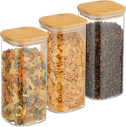 SKY-TOUCH Glass Food Storage Jars Containers set 1.5L,with Airtight Bamboo lids Set of 3,for Spices Noodles Flour Cereal Rice Sugar Tea Coffee Beans, Square (3 Pack, 1500ml) - 1500ml (Pack of 3) 3-Piece Glass Jar
