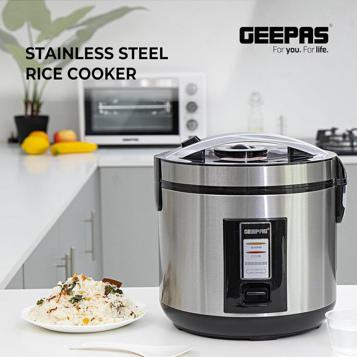 Geepas 1.8L Stainless Steel automatic Rice Cooker- GRC4330| 762W, Non-Stick Inner Pot, Stainless Steel BodyMake Rice and Steam Healthy Vegetables | 2-Year Warranty