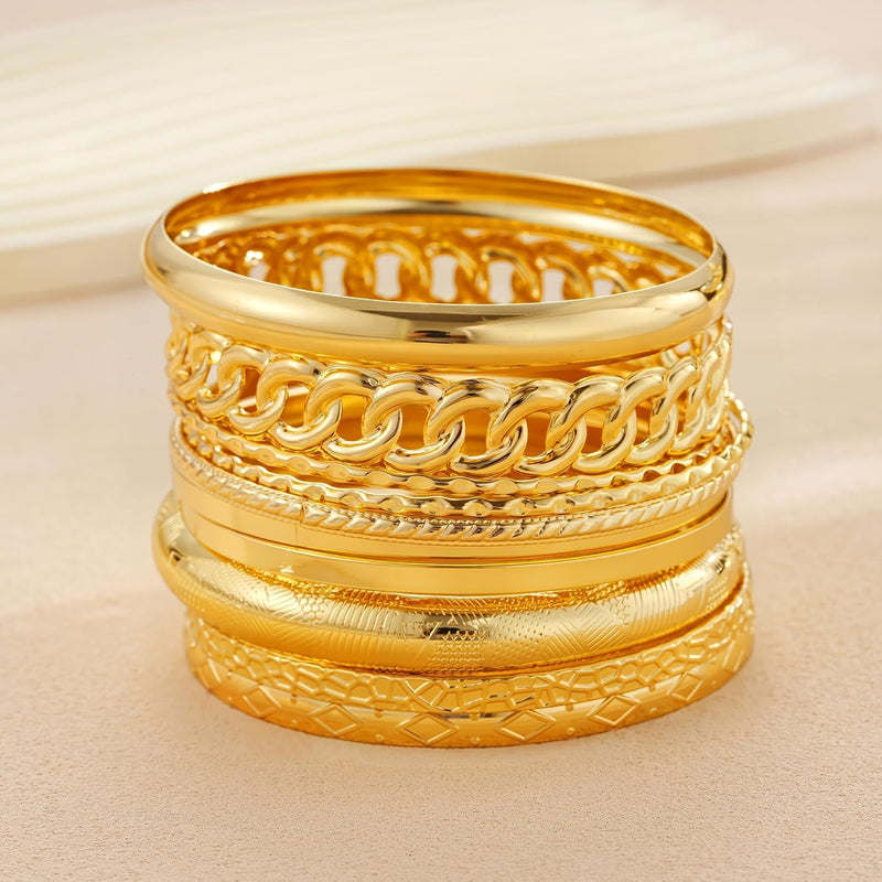 Gold Plated Bangle Bracelets Set for Women, Indian & Dubai Style Stackable Chunky Jewelry, Multi-Layer Textured 14K Gold Plated Ladies Gift for Eid & Parties 10Pcs