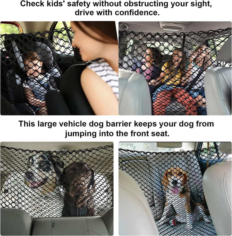 Dog Car Barrier SUV Pet Net + Free Metal Hooks, Dual Layer Pet Travel Safety Barrier Net , Easy to Install and Remove, Adjustable Car Dog Divider for Trucks, SUV, Vans, Car Net Organizer Storage Bag
