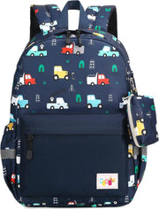 Preschool Kindergarten Backpack, Little Kid Backpacks for Boys and Girls with Chest Strap - Colorful Tool Cars Dark Blue