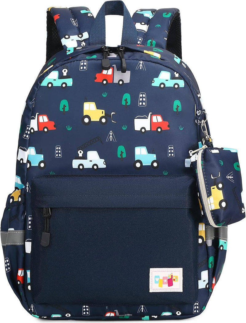 Preschool Kindergarten Backpack, Little Kid Backpacks for Boys and Girls with Chest Strap - Colorful Tool Cars Dark Blue