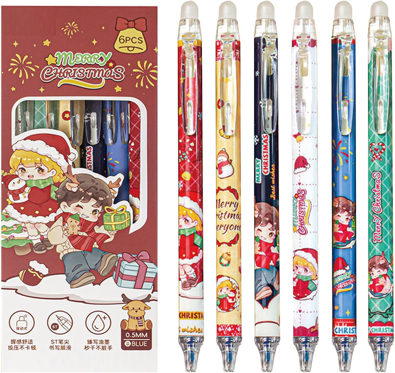 MOZXIRZ 6 Pcs Cute Erasable Retractable Pens Erasable Gel Ink Pens Cartoon Capybara Pen 0.5mm Fine Point Blue Ink Pen Cartoon Writing Pen Office School Pens Women Girls Boys (Blue Ink-Capybara) - Blue Ink-Christmas