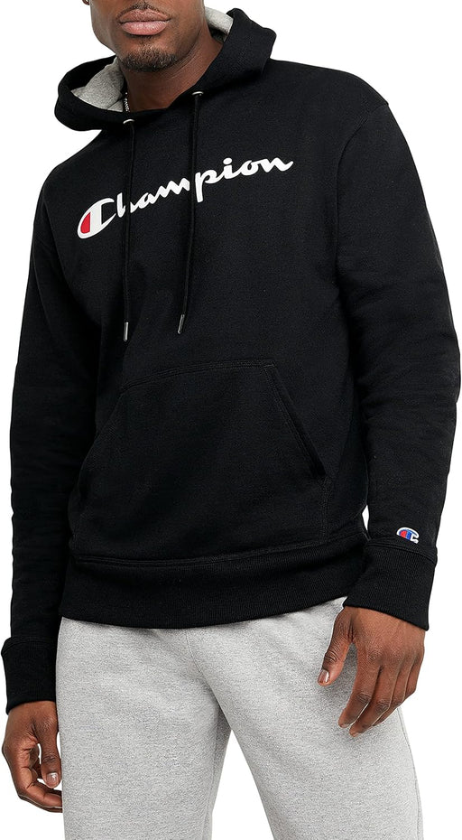mens Graphic Powerblend Fleece Pullover Hood Hooded Sweatshirt - Black Script