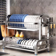 2-Tier Stainless Steel Dish Drying Rack for Kitchen Counter Over Sink Dish Drainer Rack with Cutlery Holder Removable Drip Tray(Medium Size)