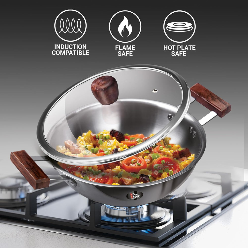 Milton Procook Triply 4 pcs Stainless Steel Sauce Pan 16 cm, Fry Pan 22 cm, Kadhai 24 cm with Glass Lid 24 cm and Wooden Handle, Silver Induction Safe Hot Plate Safe