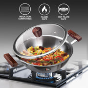 Milton Procook Triply 4 pcs Stainless Steel Sauce Pan 16 cm, Fry Pan 22 cm, Kadhai 24 cm with Glass Lid 24 cm and Wooden Handle, Silver Induction Safe Hot Plate Safe - Steel