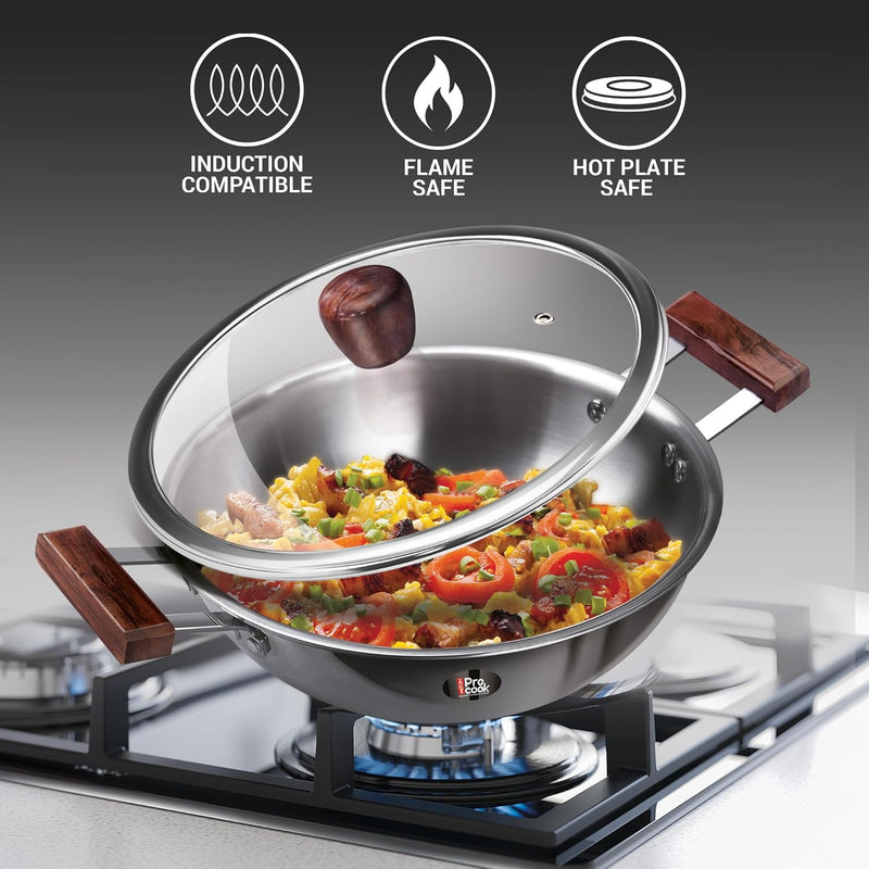 Milton Procook Triply 4 pcs Stainless Steel Sauce Pan 16 cm, Fry Pan 22 cm, Kadhai 24 cm with Glass Lid 24 cm and Wooden Handle, Silver Induction Safe Hot Plate Safe - Steel