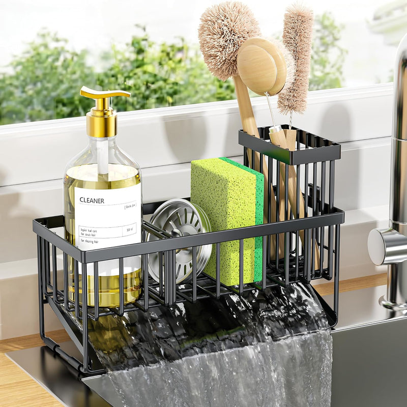 Cisily Kitchen Sink Organizer, 1-Shelf Stainless Steel Sponge Holder with Automatic Drainage, Space Saving, Efficient Divider Design - Black