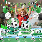 Soccer Birthday Party Decorations 140 PCS, Complete Soccer Party Set for 20 Guests, Includes Plates, Napkins, Cups, Banner, Balloons, Tablecloth, Cutlery