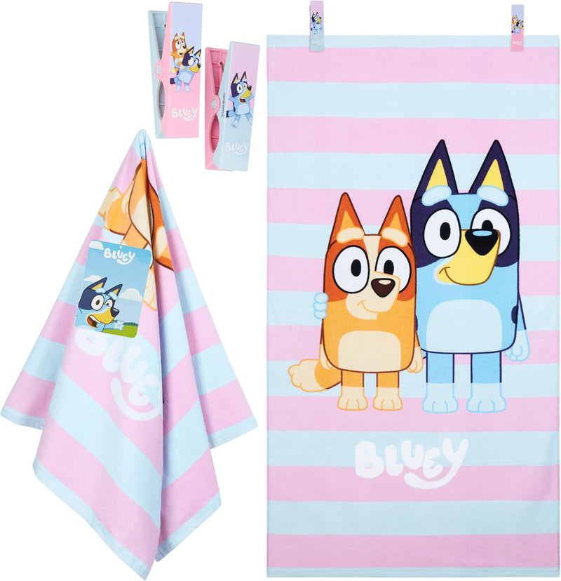 Bluey Towels for Kids with 2 Pegs Clips Beach Towel Soft Absorbent Bath Shower Swimming Towel 100% Cotton Quick Dry Holiday Essentials 140x70cm