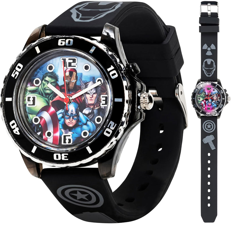 Marvel Avengers Adventure Analog Quartz Kids' Watch with Flashing LED Lights - Superhero Icons Band, Japanese Movement, Black
