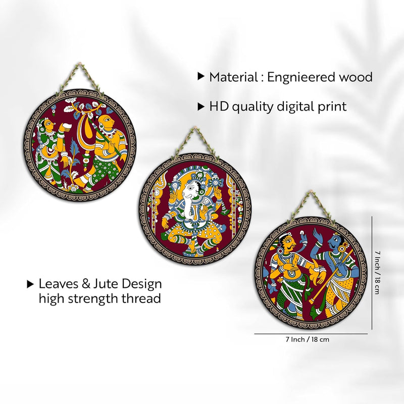Artvibes Rajasthani Culture Wooden Wall Hanger for Home | Office | Living Room | Gift | Modern Decoration Items | Kitchen Wall Decor | Home Decor Hanging Items (WH_5012N), Set of 3