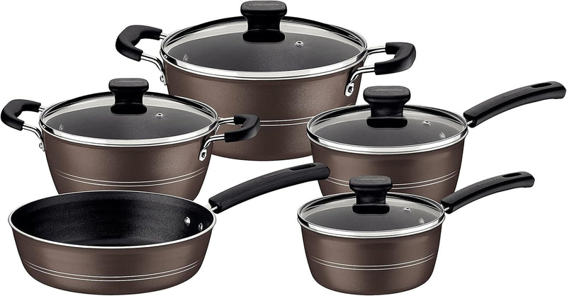 Tramontina Sicilia 9 Pieces Hazelnut Aluminum Cookware Set with Interior and Exterior Starflon Excellent PFOA Free Nonstick Coating - 9 Pcs Hazelnut