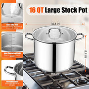 E-far 16 Quart Stainless Steel Pot, Induction Stockpot with Glass Lid - 16 Quarts