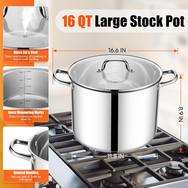 E-far 16 Quart Stainless Steel Pot, Induction Stockpot with Glass Lid - 16 Quarts
