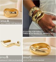 Chunky 18K Gold Plated Bracelets Set for Women High Shine Minimalist Wide Open Cuff & Trendy Stackable Gold Bangles Statement Fashion Jewelry, Layered Wrist Accessories Gift