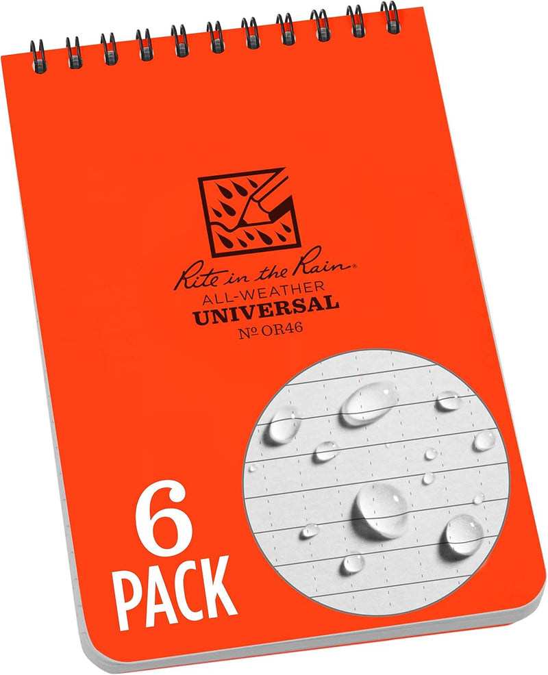 Rite In The Rain Weatherproof Top Spiral Notebook, 10.2 cm x 15.2 cm, Green Cover, Universal Pattern, 3 Pack (No. 946-3) - 6 Pack Orange