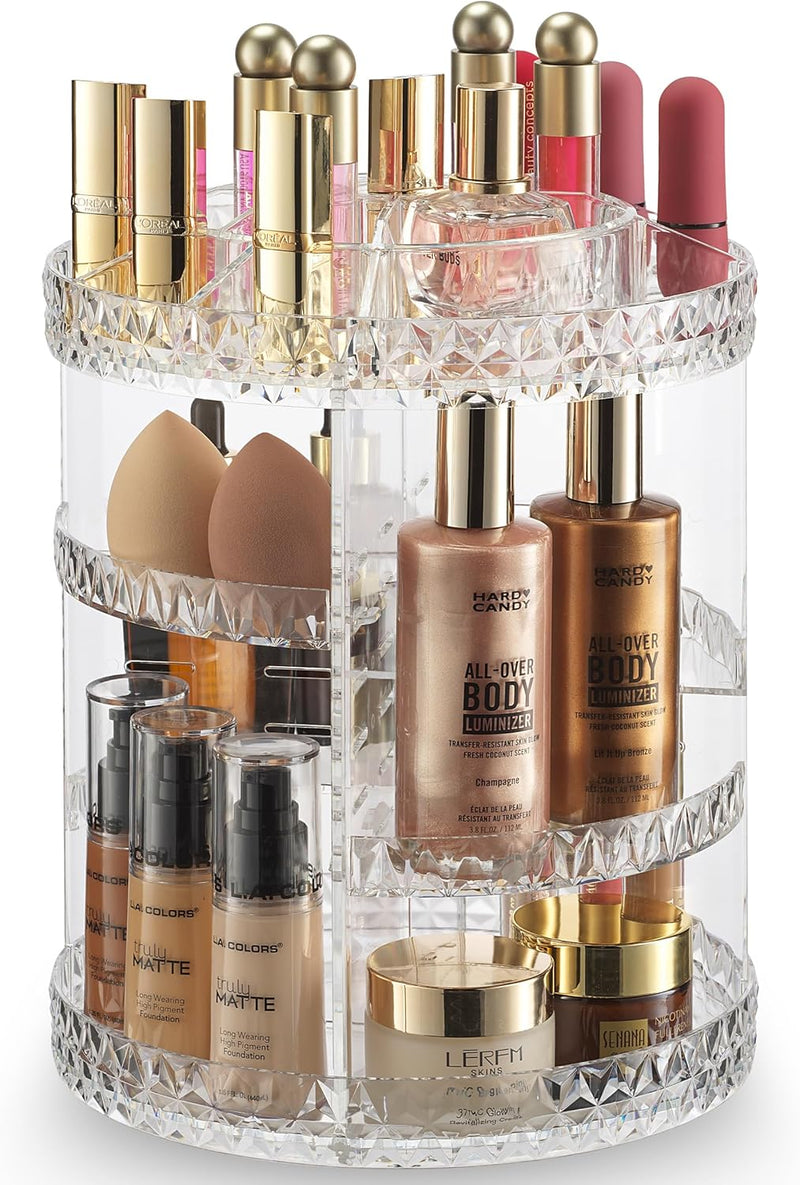 Masirs 360 Rotating Makeup Organizer - Adjustable Shelf Height and Fully Rotatable. The Perfect Cosmetic Organizer for Bedroom Dresser or Vanity Countertop. (Clear) - Diamond Clear