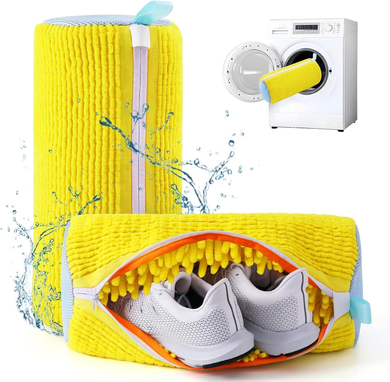MOMENT Large Shoe Washing Machine Bag, 38x18cm Chenille Microfiber Sneaker Laundry Bag, 360 Scrubbing Deep Cleaning Reusable Shoe Washing Bags for Trainers, Sport Running Shoes (Yellow) - Yellow XL Large