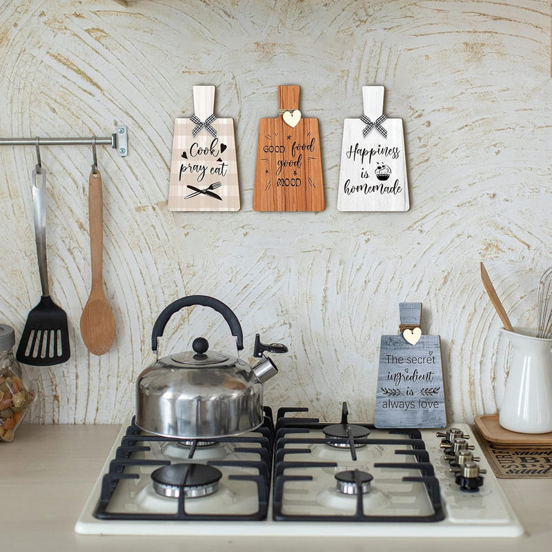 Chunful 4 Pcs Kitchen Farmhouse Rustic Letters Wooden Cutting Board Sign Retro Wood Hanging Wall Decor for Home Cabinets Dining Living Room Restaurant Cafe Decorations, 4 x 7 Inches
