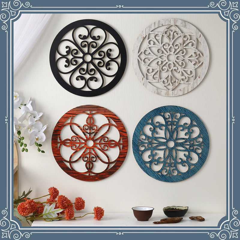 Yulejo 4 Pcs Thicken Rustic Wall Decor Farmhouse Wall Art Wooden Hollow Carved Design Decor Rustic Round Wall Art for Living Room Bedroom Hallway Decor Kitchen Wall (Black, Brown,9.8 x 9.8 Inch)