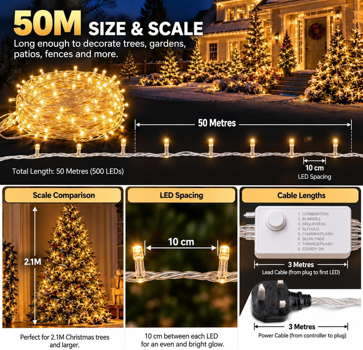 Christmas Lights,50M 500 LED Christmas Tree Lights, Warm White String Lights, 8 Lighting Modes, Christmas Decorations for Bedroom, Gardens, Balcony, Wedding and Party,Diwali, – image 5